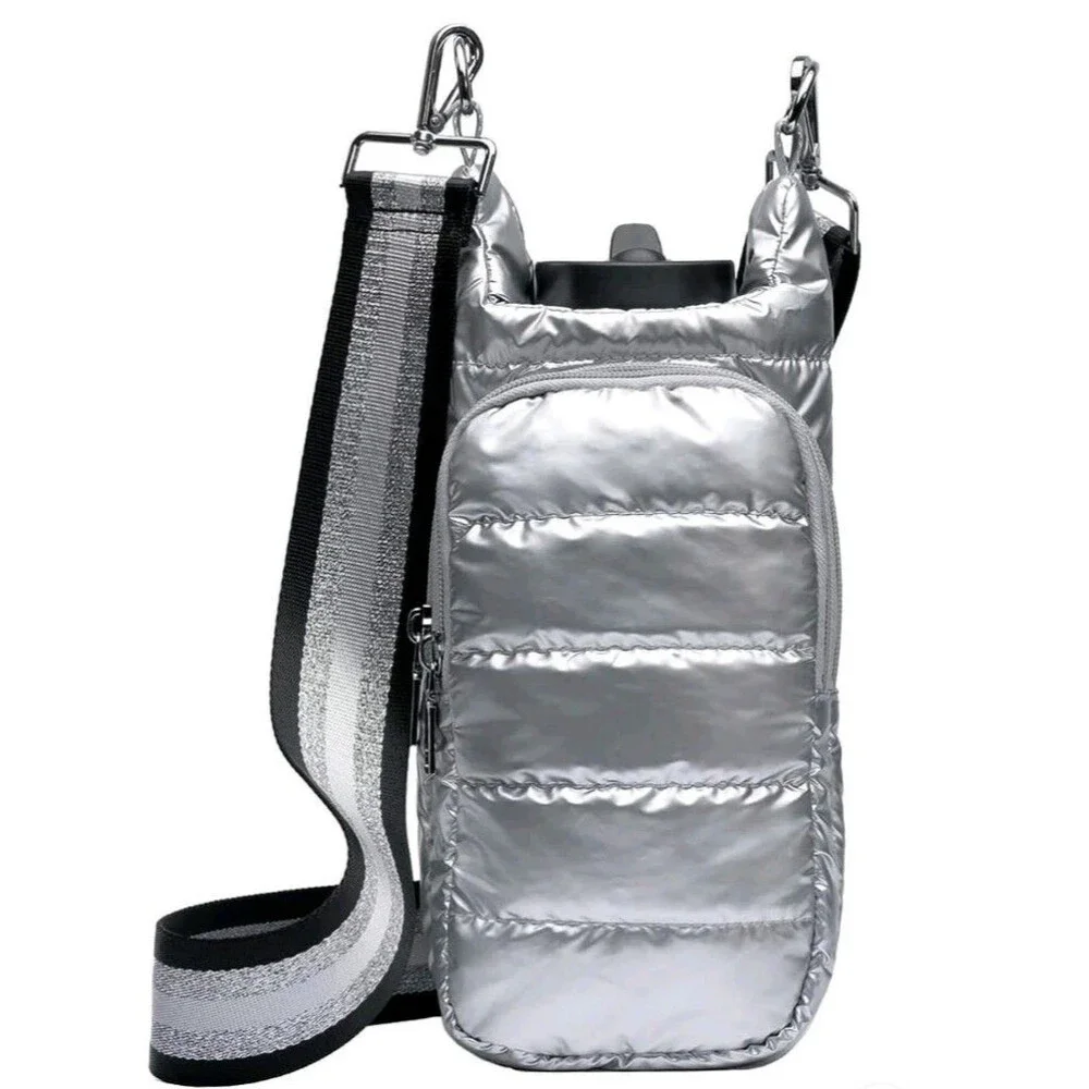 WanderFull Quilted Nylon Water Bottle Crossbody Bag Silver Puffer Style
